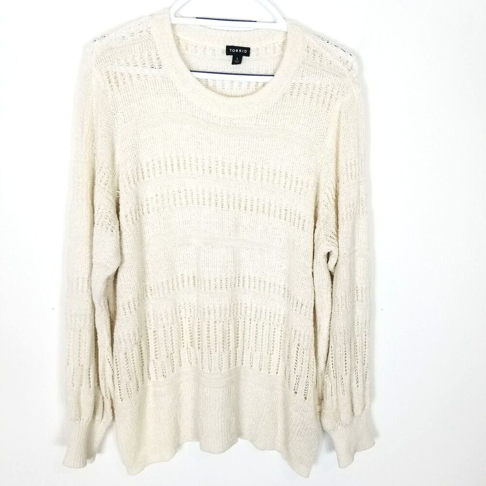 Torrid Women‎ Plus Pullover Balloon Sleeve Sweater Sz 3X Cream Crochet Knit